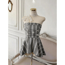 批发实价已保护 法式蓝色格子抹胸女夏季新款海边度假气质上衣