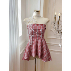 批发实价已保护 法式蓝色格子抹胸女<b class='q'>夏</b>季新款海边度假气质上衣