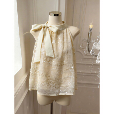 批发实价已保护 法式名媛亮片无䄂挂脖上衣女新款气质显瘦蝴蝶结衬衫