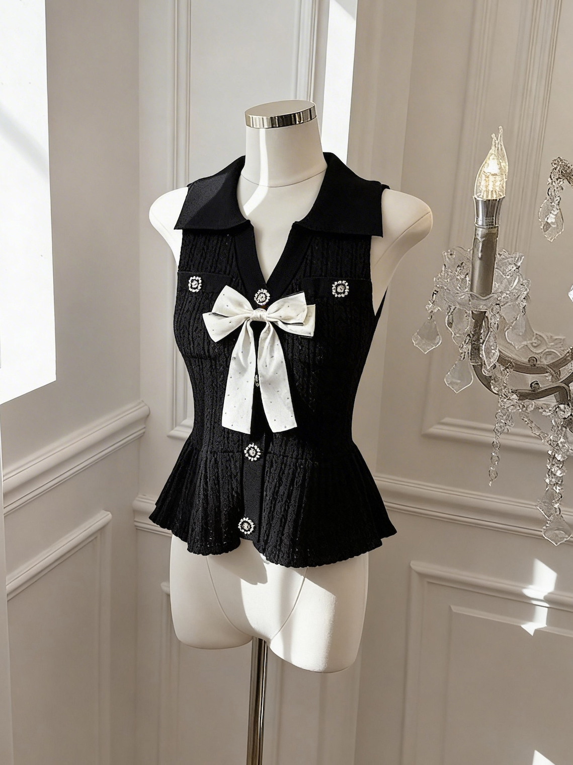 정가 있음 보호 프랑스식 나비 매듭 니트 조끼 홀로우 아웃 자수 오픈 가디건 한 부서 민소매 폴로 칼라 맨위