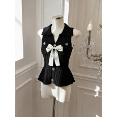 批发实价已保护 法式蝴蝶结针织背心镂空勾花开衫韩系无袖翻领上衣