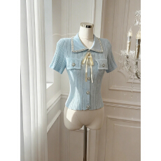 批发实价已保护 小香风蝴蝶结短袖冰丝针织衫女娃娃领开衫超好看上衣