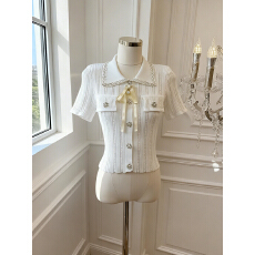 批发实价已保护 小香风蝴蝶结短袖冰丝针织衫女娃娃领开衫超好看上衣