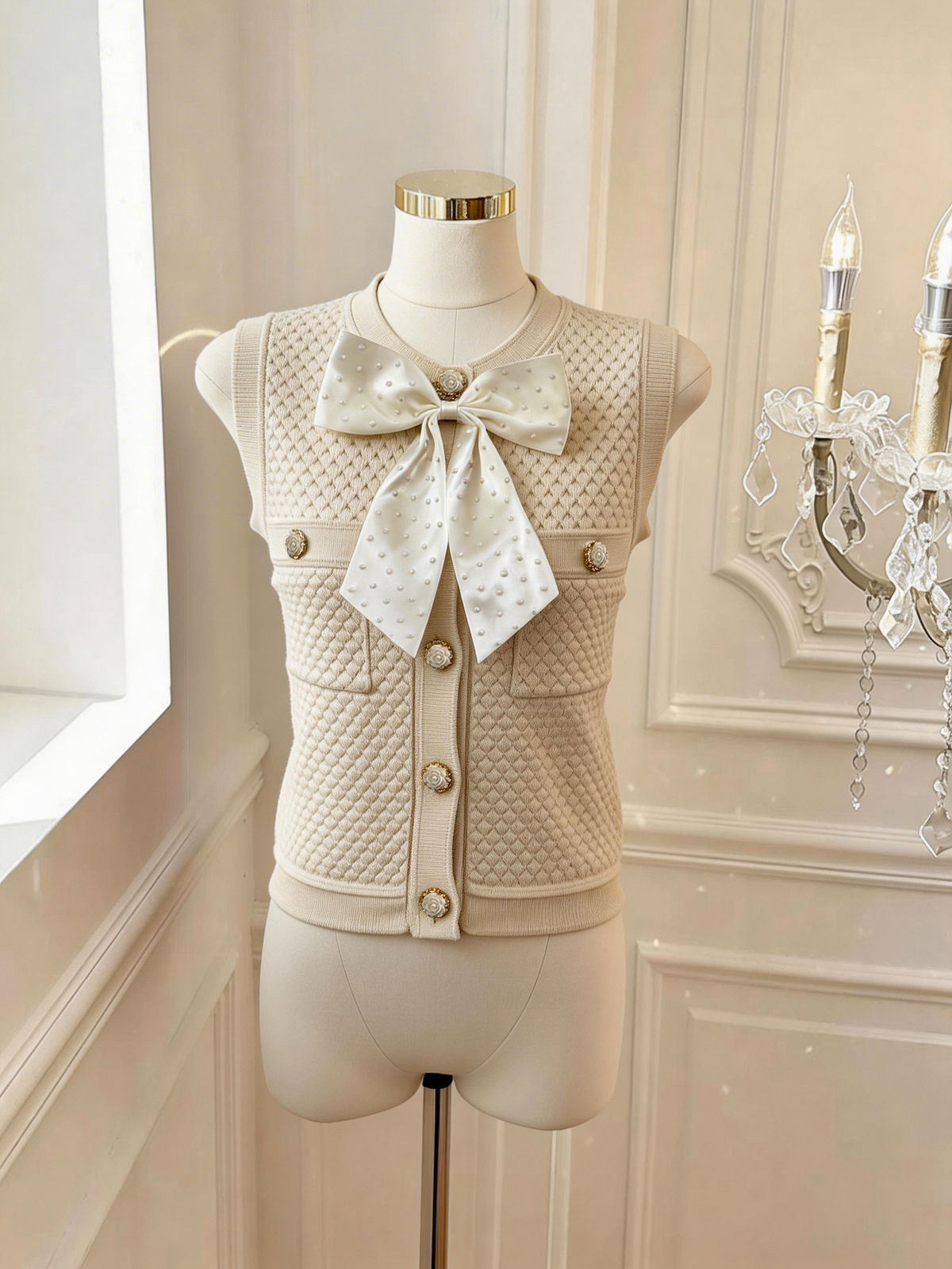 정가 있음 보호 작은 샤넬 스타일 비즈 박기 나비 매듭 조끼 여성 고급 센스 조끼 민소매 홀로우 아웃 작은 맨위