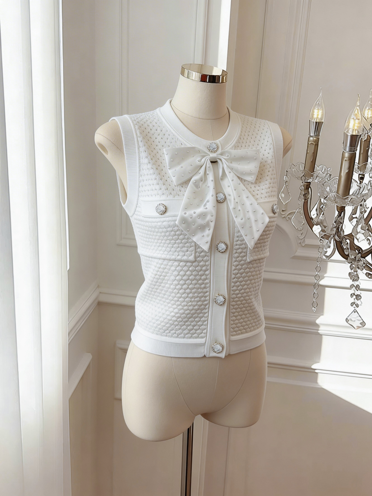 정가 있음 보호 작은 샤넬 스타일 비즈 박기 나비 매듭 조끼 여성 고급 센스 조끼 민소매 홀로우 아웃 작은 맨위