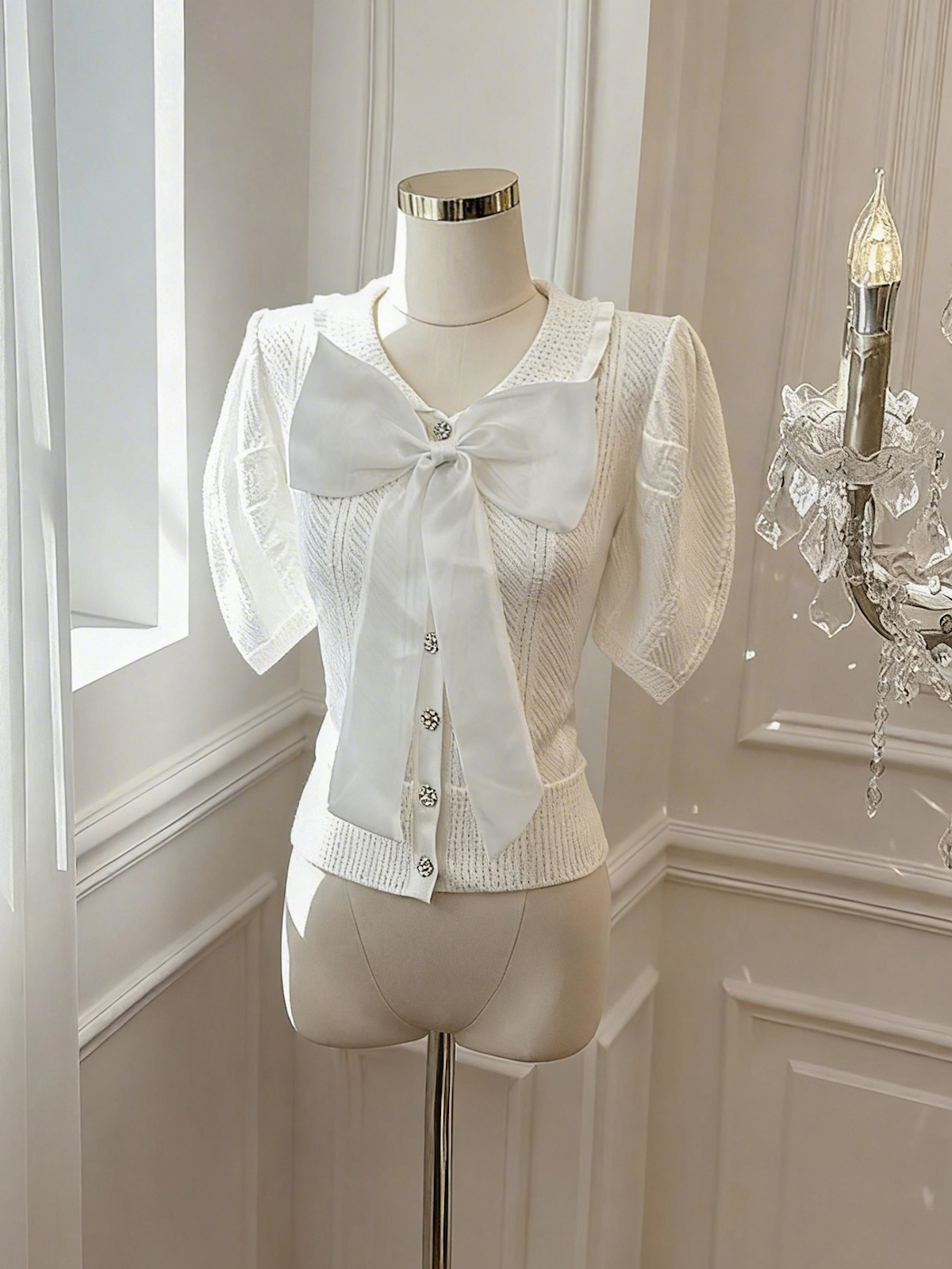 정가 있음 보호 베이비 칼라 얼음 실크 반팔 티셔츠 여름 한국 스타일 쇼트 스타일 나비 매듭 거품 소매 니트 스웨터