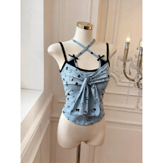 实价已保护 甜酷辣妹风性感印花吊带拼色修身有胸垫背心女