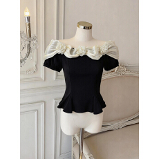 批发实拍 小香风花朵雪纺<b class='q'>衬衫</b><b class='q'>女</b>夏季纯欲辣妹一字肩小上衣蓬蓬<b class='q'>衬衣</b>