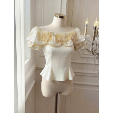 批发实价已保护 法式优雅别致花朵一字肩修身<b class='q'>短袖</b>甜美T恤气质上衣女