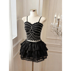 批发实价已保护 独特钉珠拼接蕾丝吊带背心女夏季设计感蛋糕裙两件套