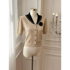 批发实价已保护 翻领新款针织慵懒小香风上衣夏季小衫娃娃领短袖甜美