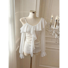 批发实价已保护 早春荷叶边露肩雪纺衫v领长袖小衫纯欲风度假小衬衫