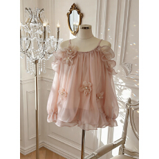 批发实价已保护 荷叶边露肩吊带长袖衬衫~夏季立体花朵高级感上衣