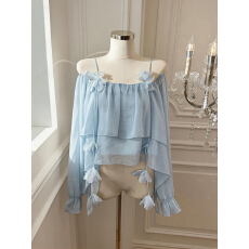 批发实价已保护 不规则花朵超仙雪纺衬衫女纯欲一字肩露肩上衣巨好看