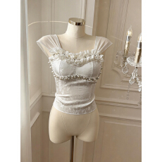 批发实价已保护 新款甜美钉珠荷叶花边网纱肩带胸垫吊带背心女