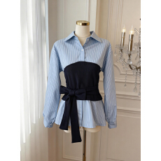 批发实价已保护 春季新款条纹拼接绑带收腰设计感<b class='q'>假两件</b><b class='q'>衬衣</b>女