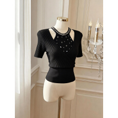 批发实价已保护 重工烫钻假两件短袖t恤女夏季纯欲辣妹挂脖短款上衣