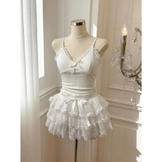 批发实价已保护 法式蕾丝花边拼接吊带修身显瘦上衣+蕾丝花边蛋糕短裙