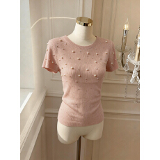 实价已保护 夏季新款短袖针织衫女装钻饰装饰圆领内搭设计感上衣