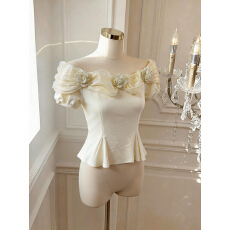 批发<b class='q'>实拍</b> 小香风花朵雪纺<b class='q'>衬衫</b>女夏季纯欲辣妹一字肩小上衣蓬蓬<b class='q'>衬衣</b>