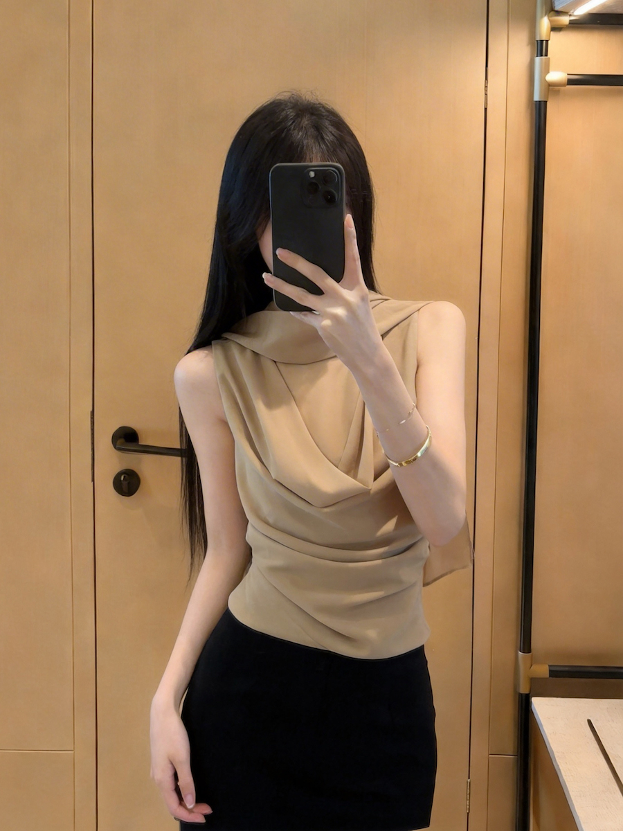 정가 있음 보호 고급 센스 품격 말뚝 더미 칼라 리본 민소매 여성 여름 비대칭 디자인 센스 작은 대중 맨위