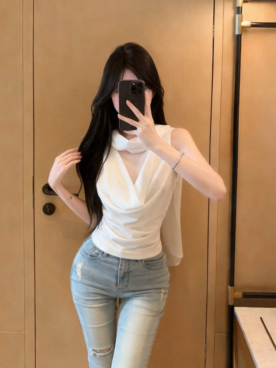 정가 있음 보호 고급 센스 품격 말뚝 더미 칼라 리본 민소매 조끼 비대칭 디자인 센스 작은 대중 맨위