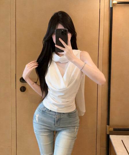 정가 있음 보호 고급 센스 품격 말뚝 더미 칼라 리본 민소매 조끼 비대칭 디자인 센스 작은 대중 맨위