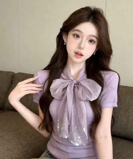 정가 있음 보호 프랑스식 디자인 센스 새틴 나비 넥타이 반팔 니트 스웨터 품격 부드러운 맨위