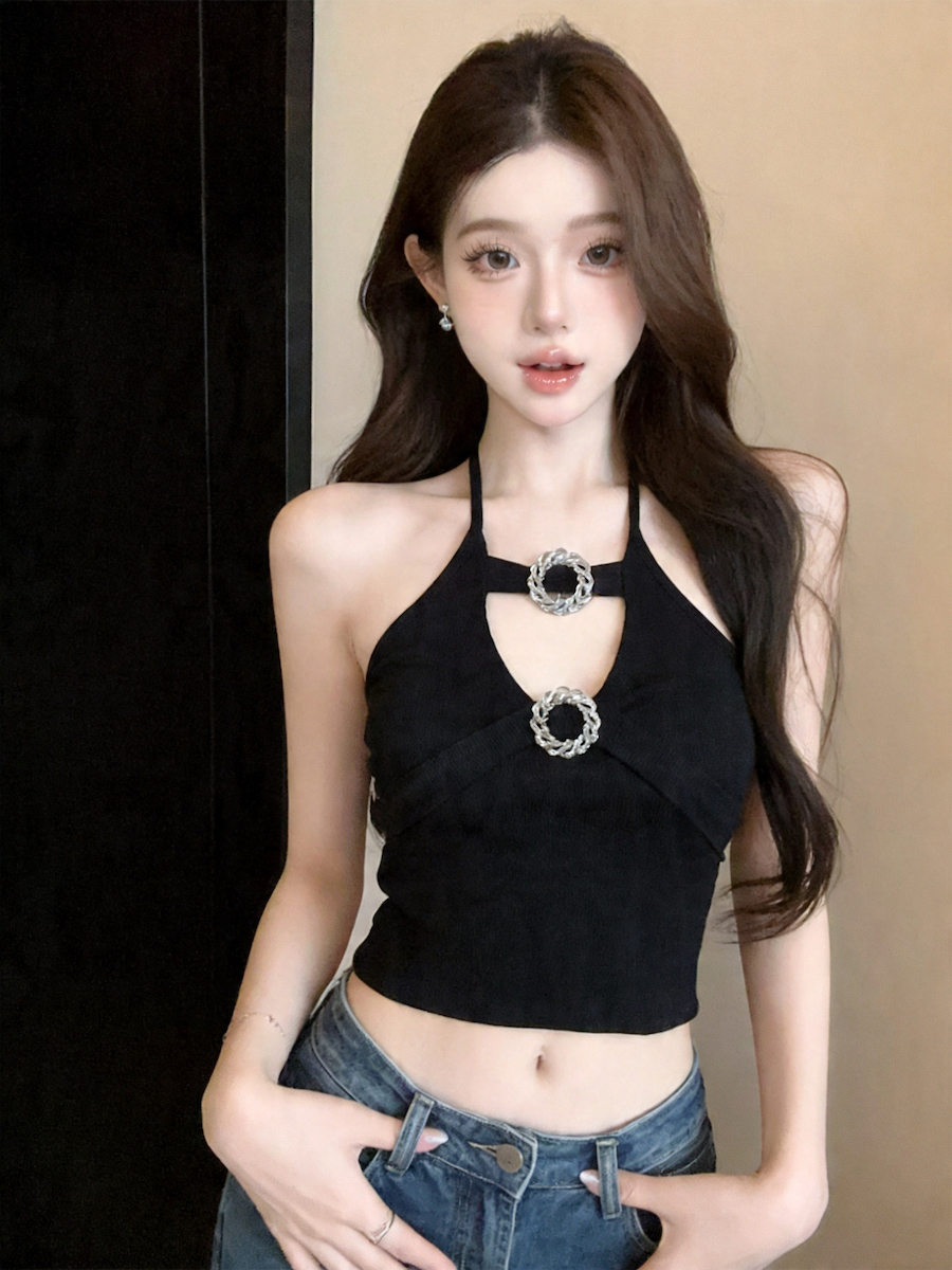 정가 있음 보호 핫걸 훈련 버클 행침 목 캐미솔 여름 새로운 명문 여성 섹시함 백리스 슬림해 보이는 맨위