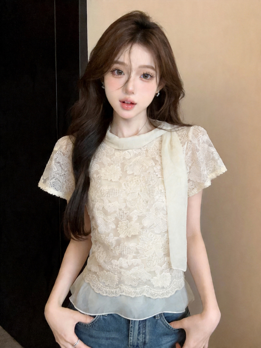 정가 있음 보호 부드러운 리본 레이스 자수 쉬폰 블라우스 여름 얇은 스타일 프릴 맨위