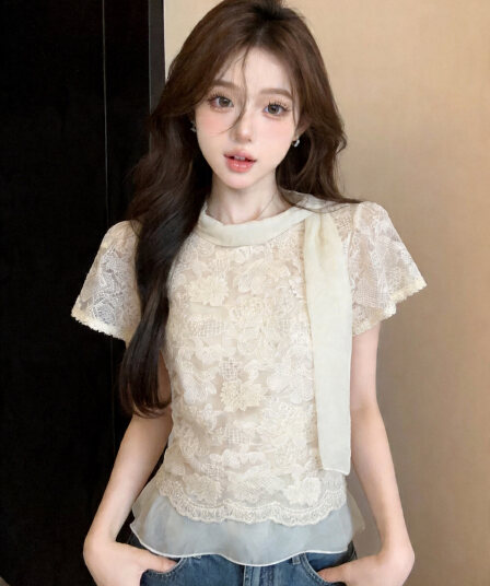 정가 있음 보호 부드러운 리본 레이스 자수 쉬폰 블라우스 여름 얇은 스타일 프릴 맨위