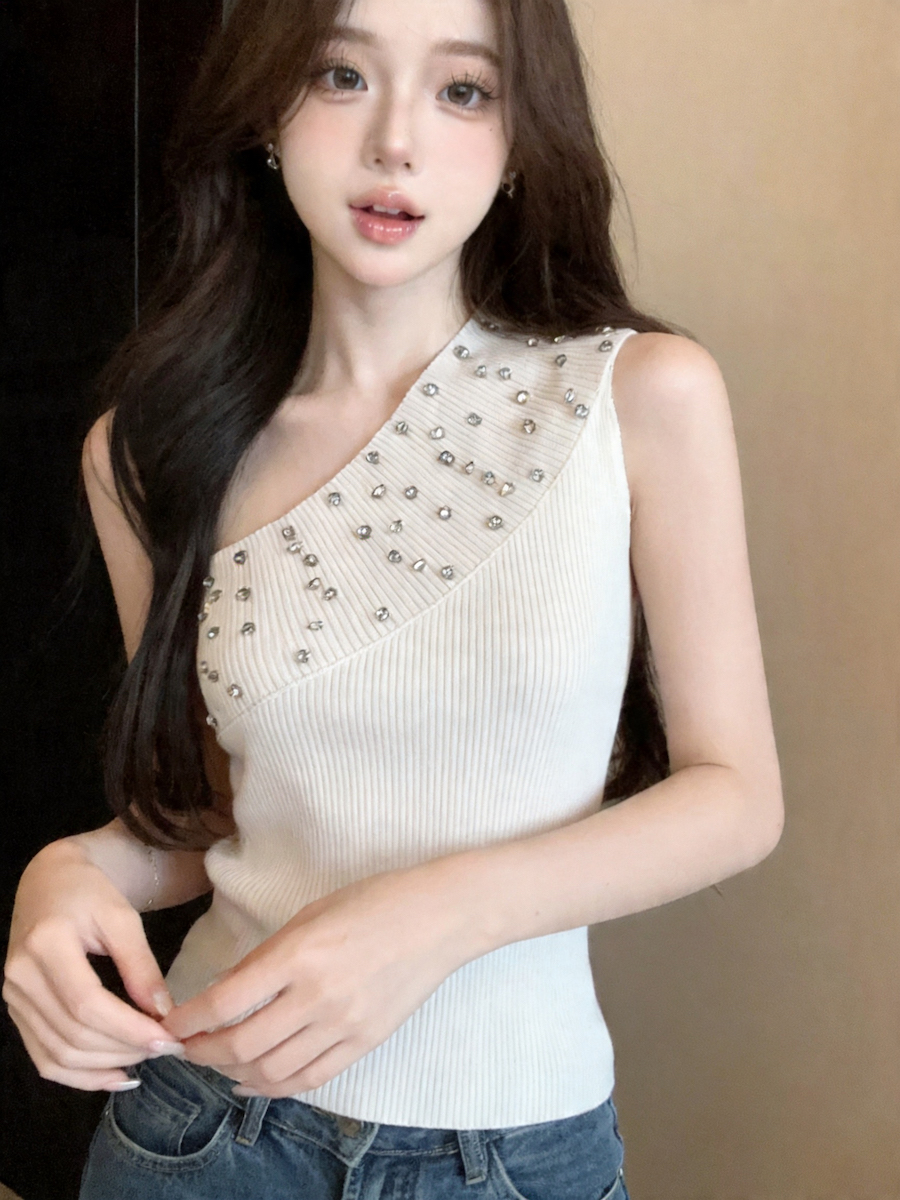 정가 있음 보호 비스듬한 어깨 다이아몬드 세팅 니트 조끼 여성 여름 순수한 욕망 바람 몸매 가꾸기 쇼트 스타일 오프숄더 디자인 센스 맨위