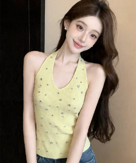 정가 있음 보호 핫걸 행침 목 스와로브스키 민소매 니트 조끼 여성 여름 몸매 가꾸기 슬림해 보이는 외출용 맨위 서비스