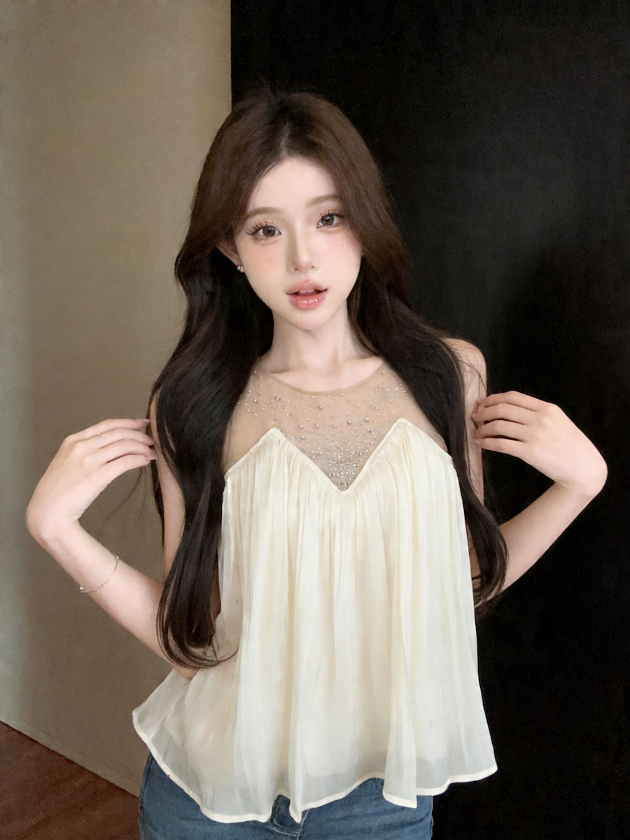 실사 프랑스식 부드러운 망사 핫픽스 패치워크 민소매 맨위 여성 고급 센스 몸매 가꾸기 슬림해 보이는 맨위