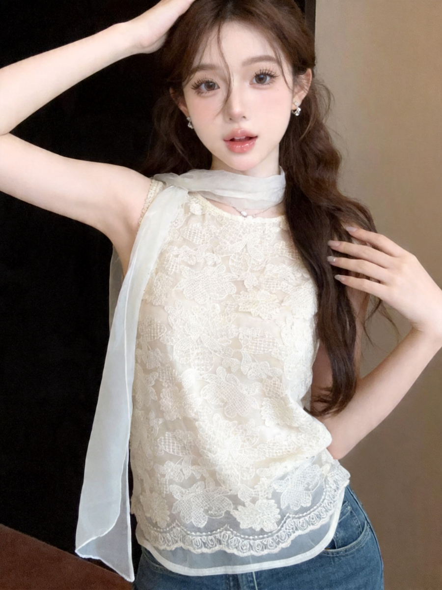 정가 있음 보호 부드러운 바람 무거운 작업 레이스 자수 경기 리본 작은 셔츠 여성 프랑스식 고급 센스 달콤함 조끼