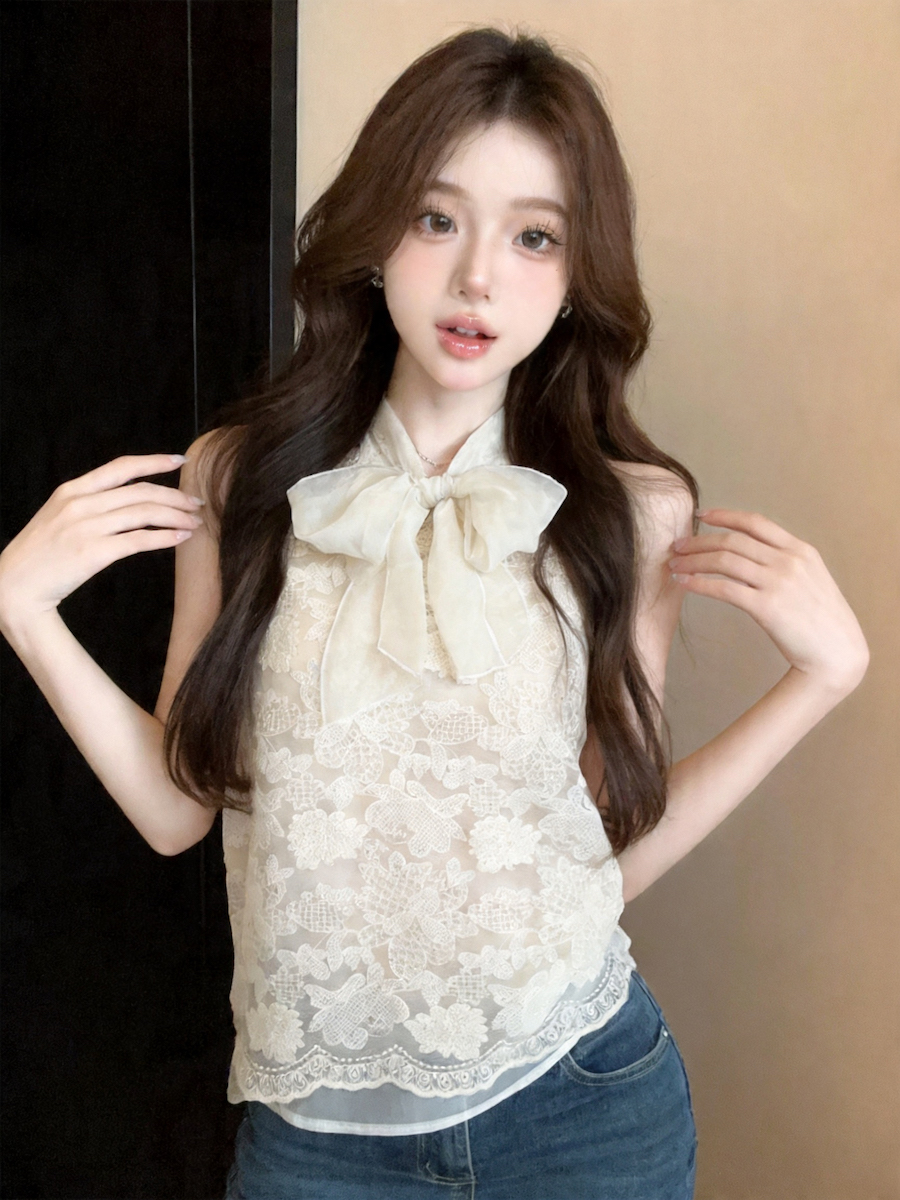 정가 있음 보호 부드러운 바람 무거운 작업 레이스 자수 경기 리본 작은 셔츠 여성 프랑스식 고급 센스 달콤함 조끼