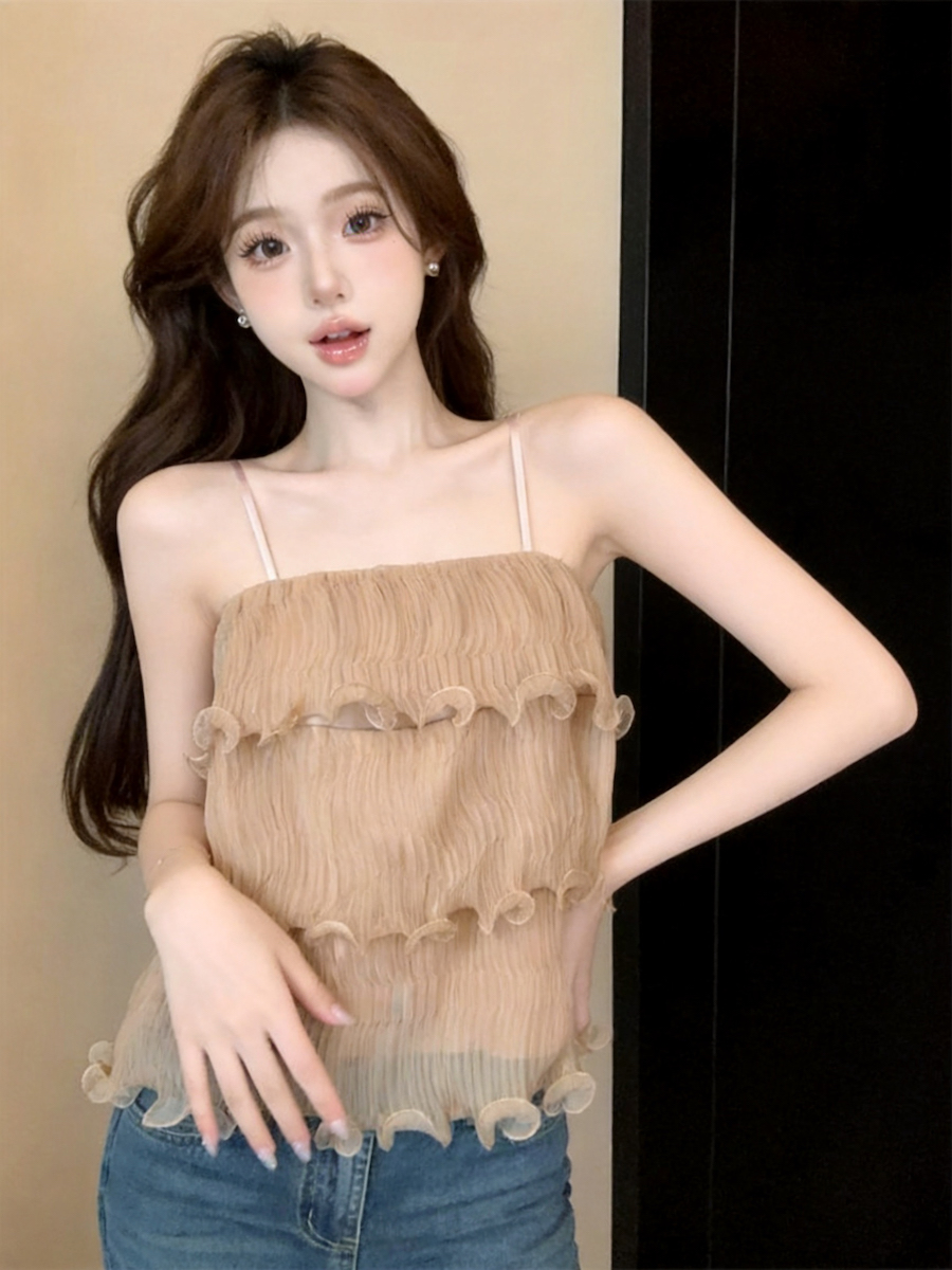 정가 있음 보호 분위기 센스 향기로운 향 부드러운 층 프릴 슬립 작은 셔츠 여성 여름 얇은