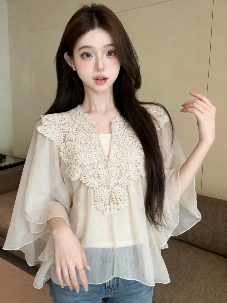 정가 있음 보호 한 부서 레이스 조각 레이스 V넥 시폰 셔츠 여성 루즈핏 반팔 작은 셔츠 슬립 맨위