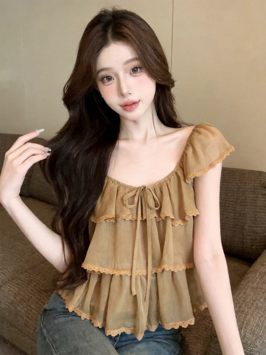 정가 있음 보호 달콤한 자매 작은 날다 소매 레이스 측면 거즈 작은 셔츠 여성 여름 미니멀리즘 풀오버 슬림해 보이는 캐주얼 맨위