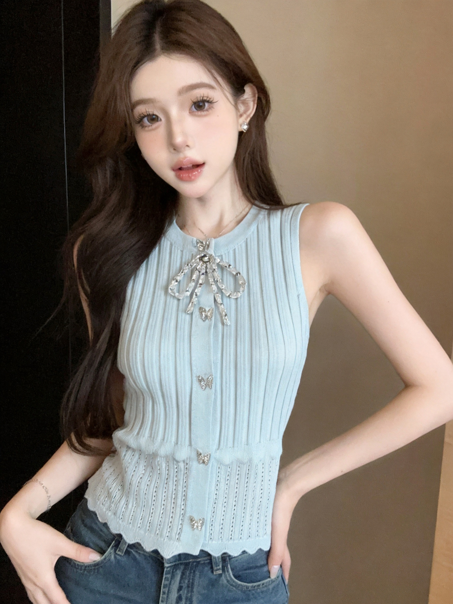 정가 있음 보호 나비 매듭 홀로우 아웃 니트 조끼 여성 여름 디자인 센스 연령 감소 다용도 품격 쇼트 스타일 맨위
