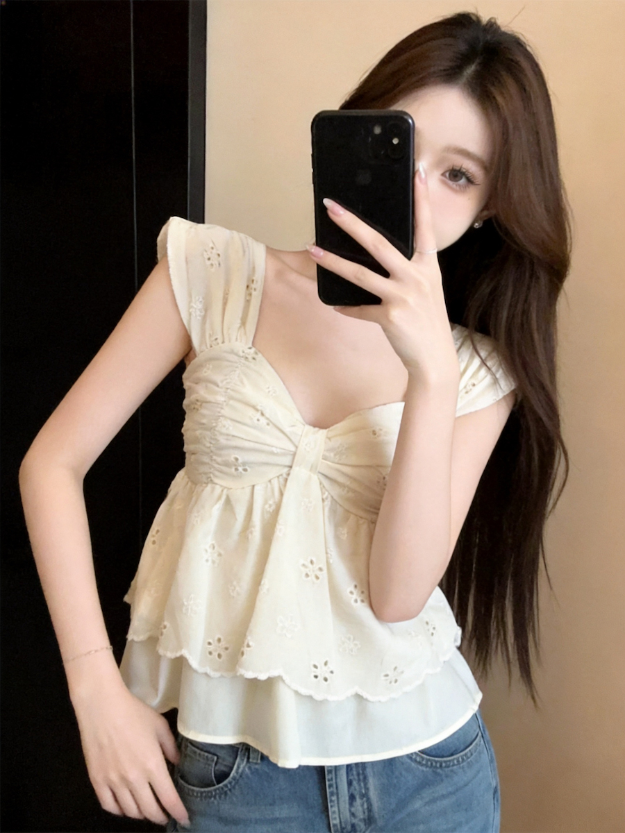 정가 있음 보호 프랑스식 광장 칼라 자수 꽃 홀로우 아웃 캐미솔 여름 연령 감소 백리스 허리 수축 맨위