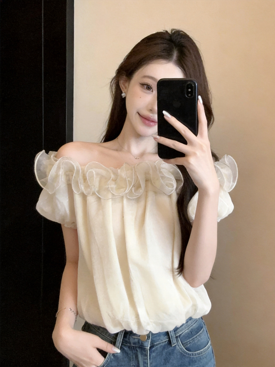 정가 있음 보호 도파민 프릴 꽃밭 오프숄더 쉬폰 여성 셔츠 여름 품격 반팔 맨위