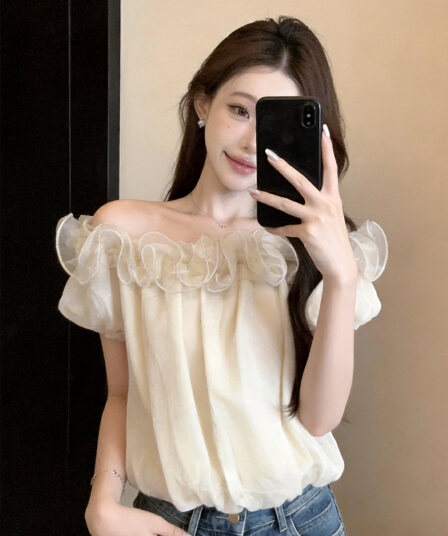 정가 있음 보호 도파민 프릴 꽃밭 오프숄더 쉬폰 여성 셔츠 여름 품격 반팔 맨위
