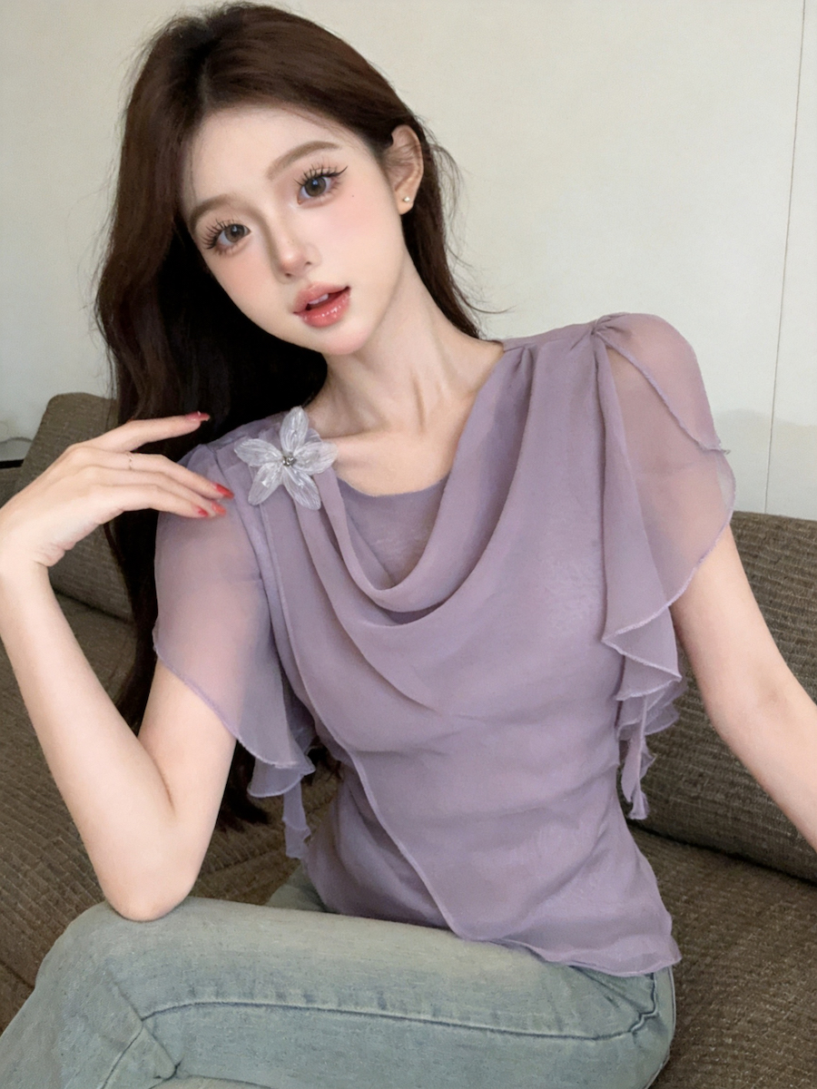 정가 있음 보호 프랑스식 우아함 흔들다 칼라 3 차원 꽃 디자인 반팔 여성 셔츠 여름 분위기 센스 쉬폰 톱