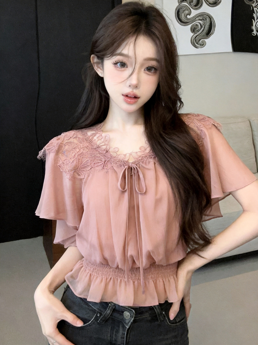 정가 있음 보호 프랑스식 레이스 조각 V넥 시폰 셔츠 여성 연꽃 잎 소매 반팔 맨위 여름 허리 수축 작은 셔츠