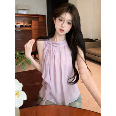 批发实价已保护 设计感飘带无袖背心衬衫女夏季洋气减龄别致好看上衣