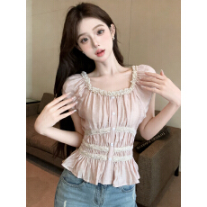 批发实价已保护 重工蕾丝边短袖衬衫女夏季<b class='q'>甜美</b>气质收腰显瘦短款上衣