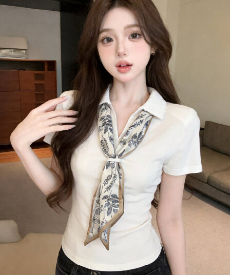 정가 있음 보호 프랑스식 POLO 칼라 반팔 티셔츠 여성 경기 스카프 디자인 센스 작은 대중 슬림해 보이는 맨위 여성 여름