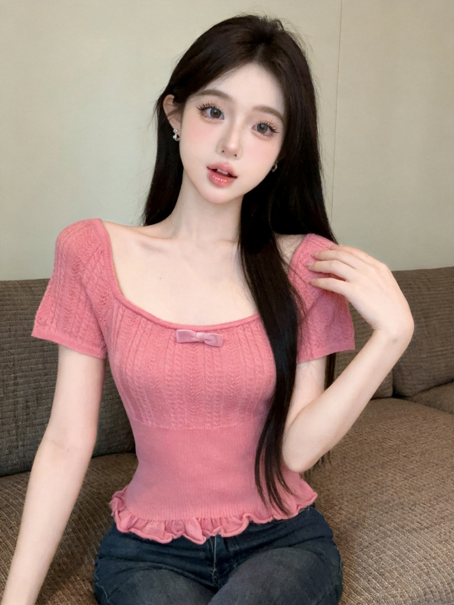 BY26664# 海派甜心少女感绞花肌理蝴蝶结方领短款修身针织衫女 服裝批發女裝批發服飾貨源