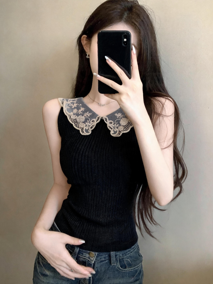 BY26666# 古早罗曼史私服开版蕾丝娃娃领针织上衣背心薄款T恤 服裝批發女裝批發服飾貨源